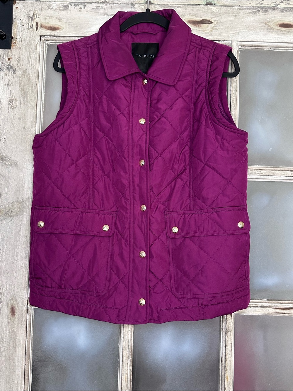 Talbots Vest Medium Magenta Purple Quilted Gold Buttons Pockets
